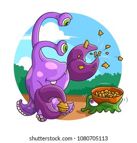 Violet Crabtopus Monster and Green Slug are Cracking Nuts. A Colored Vector Illustation.