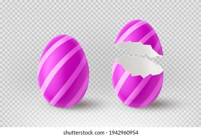 Huevo violeta resquebrajado aislado en el fondo a cuadros. Conchas de huevo realistas. Ilustración vectorial con objeto decorativo 3d para el diseño de Pascua.