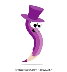 Violet crayon dressed in a hat. Vector illustration.