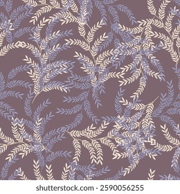 violet and cream seamless vector small leaves pattern on background