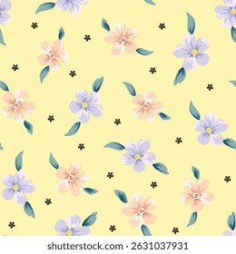 violet and cream seamless vector stock flowers with green leaves pattern on yellow background