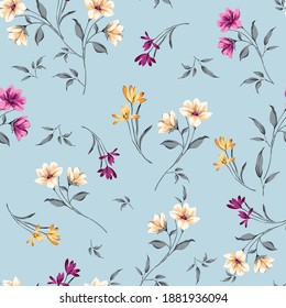 violet and cream small vector flowers leaves bunches pattern on blue background