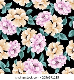 violet and cream vector flowers with green leaves pattern on black background