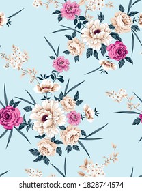 violet and cream vector flowers with leaf bunches pattern on blue background