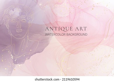 Violet, crimson and pink liquid watercolor background with golden antique statue head. Elegant purple blush fluid marble alcohol ink drawing effect. Vector illustration for wedding invitation.