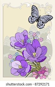 Violet crocus and butterflies on a beige background