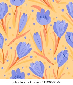 Violet crocus seamless pattern on yellow background. Spring flowers vector botanic illustration for packaging, wallpaper, cover, poster, template, and more