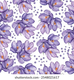 Violeta croco primavera flores sem costura padrão vetor ilustração. Saffron flores croco flor primavera projeto floral. Padrão floral de flor de açafrão. Impressão de tecido de flor roxo violeta primavera