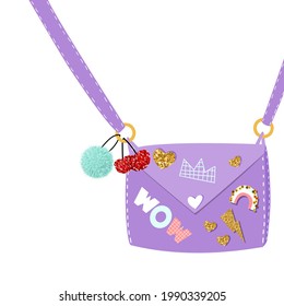 Violet cross body bag with gold glitter pins. Cute girlish print. Vector hand drawn illustration.