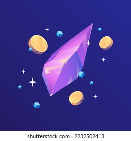 Violetkristall mit fliegenden Münzen. P2E Crypto Games Illustration. Verdienen Sie Belohnungen bei Kryptospielen. Vektorgrafik