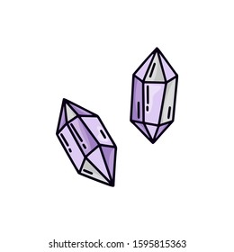 Violet crystal on white background. Isolated doodle illustration for t-shirt or notebook cover. Set of two cartoon amethyst stones for magic and witchcraft. Line art design