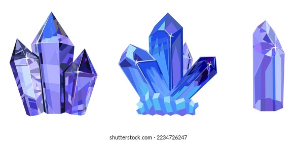 Cristales violentos.  Rocas gruesas brillantes estalagmitas, joyas aisladas de piedras preciosas o semipreciosas. Ilustración vectorial establecida en un fondo blanco.
