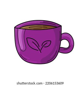 Violet cup of coffee or tea. Drawing of a leaf on a cup. Autumn mood. Vector Illustration. Cartoon style