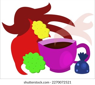A violet cup with hot tea, cookies and a truffle candy. This bright and cute illustration can be used as a logotype for cafes. Vector, isolated.