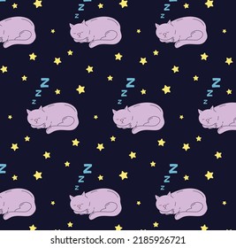 Violet cute cat sleeping on the dark blue sky with the stars, pattern 