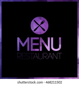 Violet cutlery kitchen polygon menu design. Triangle restaurant background