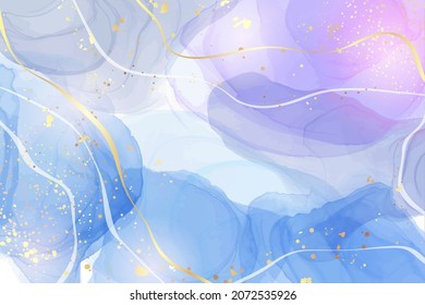 Violet Cyan Blue Liquid Watercolor Background With Golden Stains. Teal Mauve Purple Marble Alcohol Ink Drawing Effect. Vector Illustration Design Template For Wedding Invitation, Menu, Rsvp.