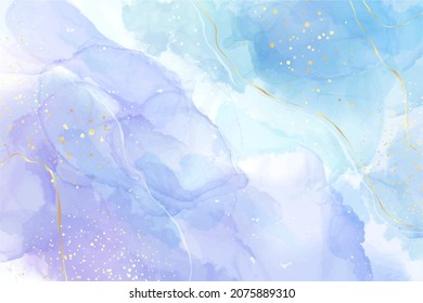 Violet cyan blue liquid watercolor background with golden stains. Teal mauve grey marble alcohol ink drawing effect. Vector illustration design template for wedding invitation, menu, rsvp.