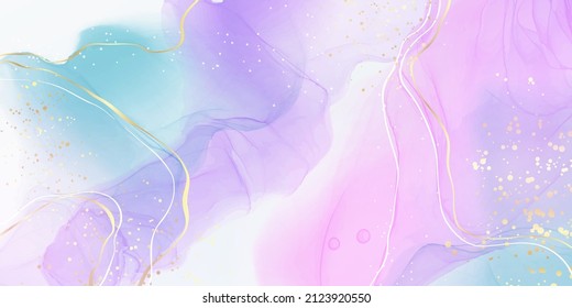 Violet cyan blue liquid watercolor background with golden stains. Teal mauve purple marble alcohol ink drawing effect. Vector illustration design template for wedding invitation, menu, rsvp.