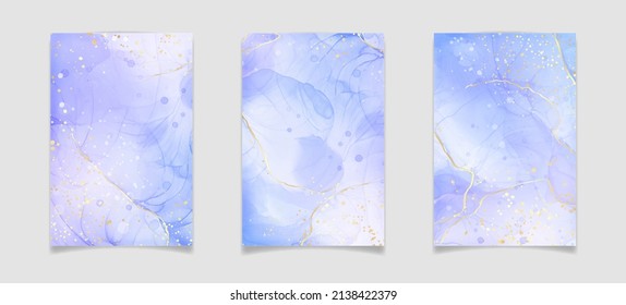 Violet cyan blue liquid watercolor background with golden stains. Teal mauve purple marble alcohol ink drawing effect. Vector illustration design template for wedding invitation, menu, rsvp.