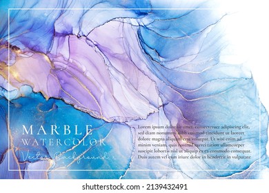 Violet cyan blue liquid watercolor background with golden stains. Purple teal turquoise marble alcohol ink drawing effect. Vector illustration design template for wedding invitation, menu, rsvp.