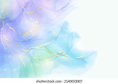 Violet cyan blue liquid watercolor background with golden stains. Teal mauve purple marble alcohol ink drawing effect. Vector illustration design template for wedding invitation, menu, rsvp.