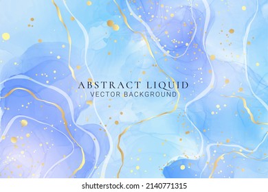 Violet cyan blue liquid watercolor background with golden stains. Teal mauve purple marble alcohol ink drawing effect. Vector illustration design template for wedding invitation, menu, rsvp.