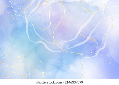 Violet cyan blue liquid watercolor background with golden stains. Teal mauve purple marble alcohol ink drawing effect. Vector illustration design template for wedding invitation, menu, rsvp.