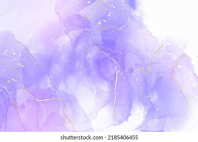 Violet cyan blue liquid watercolor background with golden stains. Teal mauve purple marble alcohol ink drawing effect. Vector illustration design template for wedding invitation, menu, rsvp