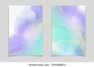 Violet cyan blue liquid watercolor background with golden glitter. Teal mauve purple marble alcohol ink drawing effect. Vector illustration design template for wedding invitation, menu, rsvp