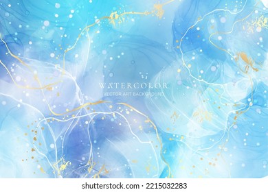 Violet cyan blue liquid watercolor background with golden stains. Teal mauve purple marble alcohol ink drawing effect. Vector illustration design template for wedding invitation, menu, rsvp