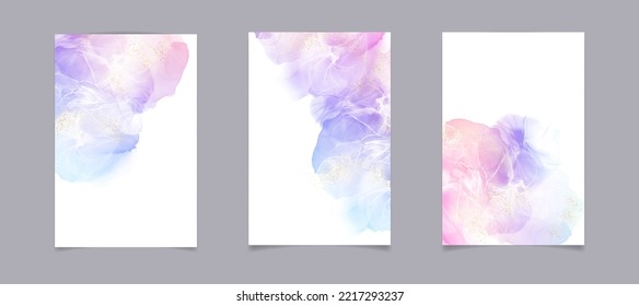 Violet cyan blue liquid watercolor background with golden stains. Teal mauve purple marble alcohol ink drawing effect. Vector illustration design template for wedding invitation, menu, rsvp