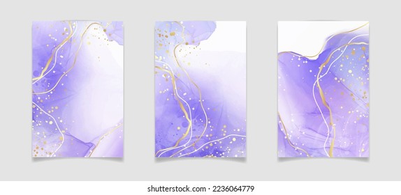 Violet cyan blue liquid watercolor background with golden stains. Teal mauve purple marble alcohol ink drawing effect. Vector illustration design template for wedding invitation, menu, rsvp