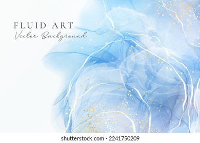 Violet cyan blue liquid watercolor background with golden stains. Teal mauve purple marble alcohol ink drawing effect. Vector illustration design template for wedding invitation, menu, rsvp