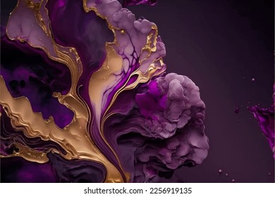Violet cyan blue liquid watercolor background with golden stains. Teal mauve purple marble alcohol ink drawing effect. Vector illustration design template for wedding invitation, menu, rsvp.