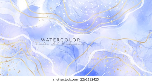 Violet cyan blue liquid watercolor background with golden stains. Teal mauve purple marble alcohol ink drawing effect. Vector illustration design template for wedding invitation, menu, rsvp