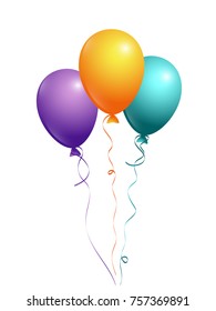 Violet, cyan blue and yellow flying balloons isolated vector illustration, birthday party decoration elements. Anniversary party decor, birthday gift elements design. Bright flying helium balloons.