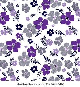 Violet daisies from grid striped and leaves pattern textile print