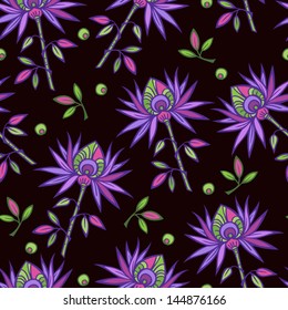 Violet decorative flowers on dark background. Seamless floral pattern. Bright colorful vector illustration.