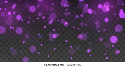 Violet defocused sparkle lights on transparent background. Colorful purple bokeh effect. Abstract Christmas texture glitter blur. Pink sparks vector firework explosion. Cosmic dust with glowing flares