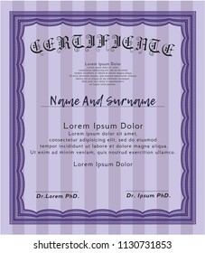 Violet Diploma or certificate template. Artistry design. With complex linear background. Detailed. 
