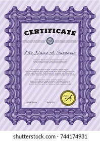 Violet Diploma or certificate template. Artistry design. Vector illustration. With linear background. 