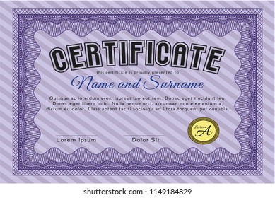 Violet Diploma or certificate template. With background. Sophisticated design. Detailed. 