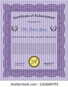 Violet Diploma or certificate template. With background. Vector illustration. Beauty design. 
