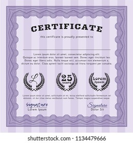 Violet Diploma or certificate template. Beauty design. With complex background. Vector illustration. 