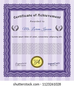 Violet Diploma or certificate template. Complex background. Detailed. Cordial design. 