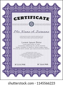 Violet Diploma or certificate template. Complex background. Vector illustration. Money design. 