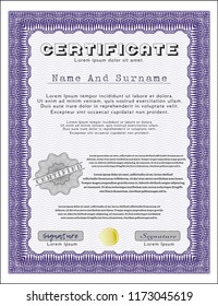 Violet Diploma or certificate template. With complex background. Money Pattern design. Vector illustration. 