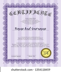 Violet Diploma or certificate template. With complex background. Money design. Vector illustration. 