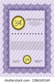 Violet Diploma or certificate template. With complex background. Artistry design. Vector illustration. 